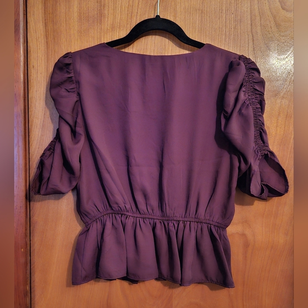 Shinestar Purple Peplum Blouse | Puff Sleeves V-Neck - Size M - Picture 2 of 4